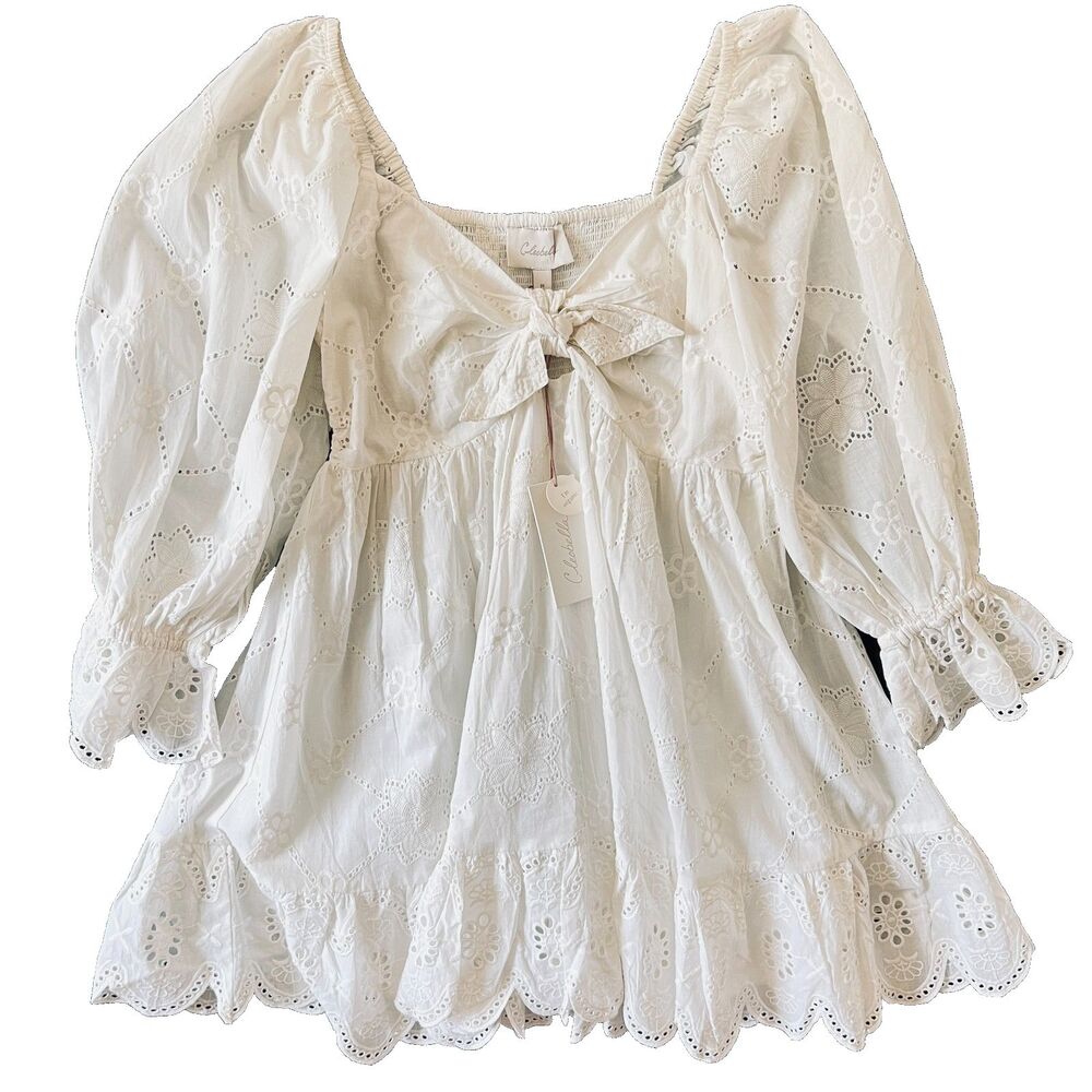 Cleobella Leona Dress M Mini Eyelet Embroidery Ivory Smocked Organic Cotton NWT